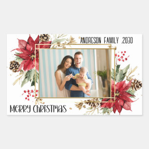 Pegatina Rectangular Navidad Alegre Foto Moderna Floral Roja