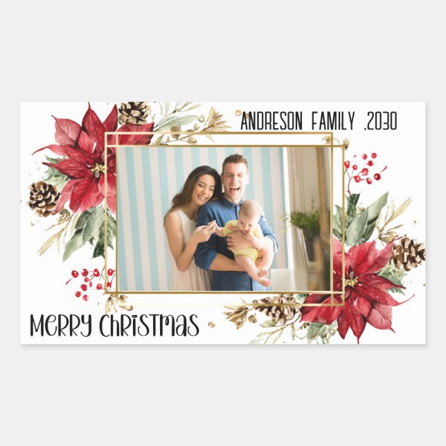 Pegatina Rectangular Navidad Alegre Foto Moderna Floral Roja (Anverso)