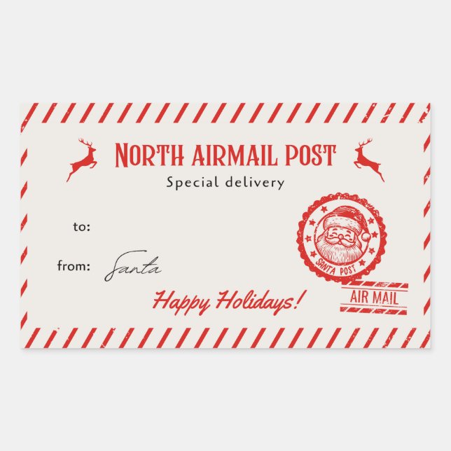 Pegatina Rectangular Navidad beige y roja ilustrada de Papá Noel (Anverso)