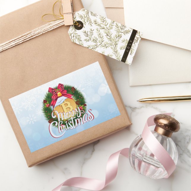 Pegatina Rectangular Navidad Bitcoin dentro de la Corona de Navidad (Regalar)