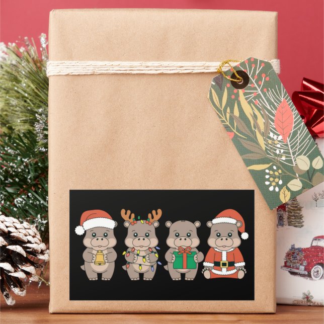 Pegatina Rectangular Navidad de Moo Deng hipopótamo bebé (Vacaciones)