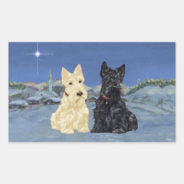 Pegatina Rectangular Navidad de Scotties Wheaten Black (Anverso)
