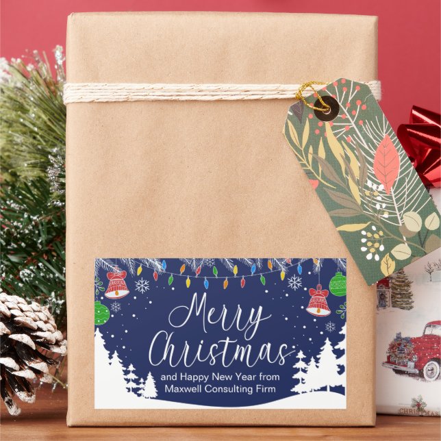 Pegatina Rectangular Navidad Empresarial Personalizada Festiva Azul (Vacaciones)