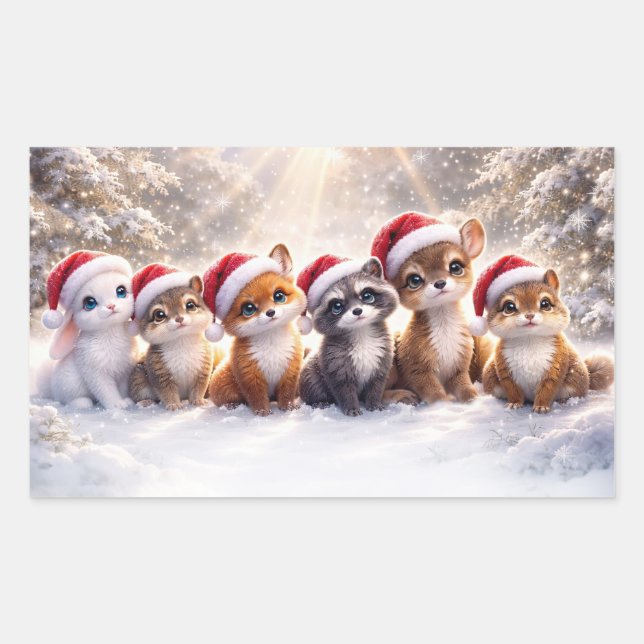 Pegatina Rectangular Navidad Fiesta Lindo Animales Salvajes Gorro de Sa (Anverso)