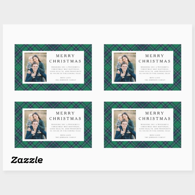 Pegatina Rectangular Navidad Foto Cuadro Plaid Verde Rústico (Hoja)