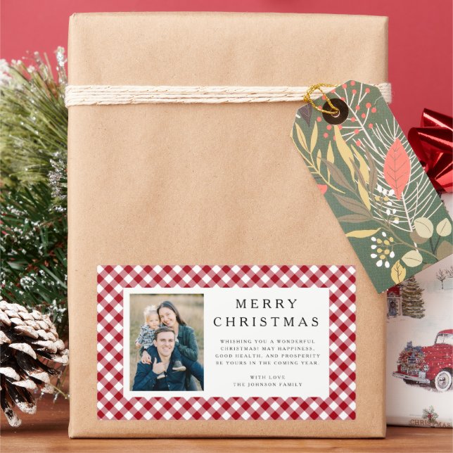 Pegatina Rectangular Navidad Foto Gingham Rojo Rústico (Vacaciones)