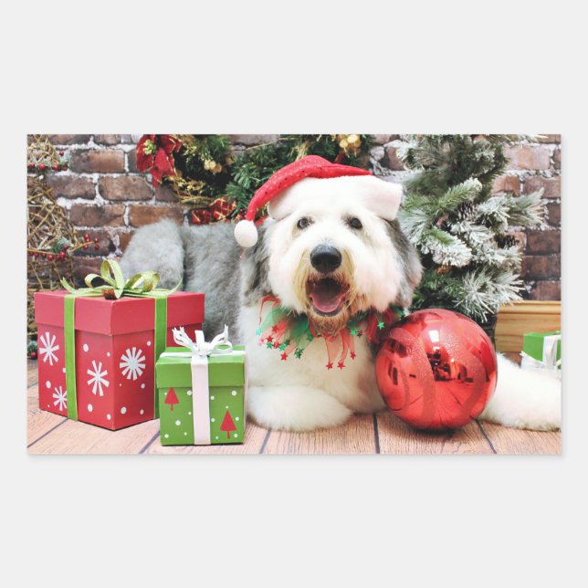 Pegatina Rectangular Navidad - perro pastor inglés viejo - Alphy (Anverso)