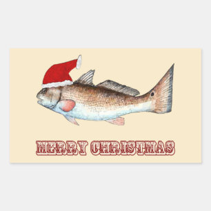 Pegatina Rectangular Navidad Redfish Santa Merry en blanco roto
