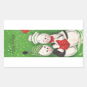 Pegatina Rectangular Navidad retro del muñeco de nieve