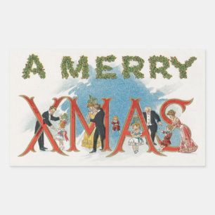Pegatina Rectangular Navidad Victoriana Vintage, una fiesta de Navidad 