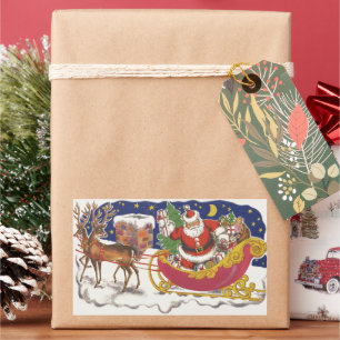 Pegatina Rectangular Navidad Vintage, alegre Santa Claus con trineo