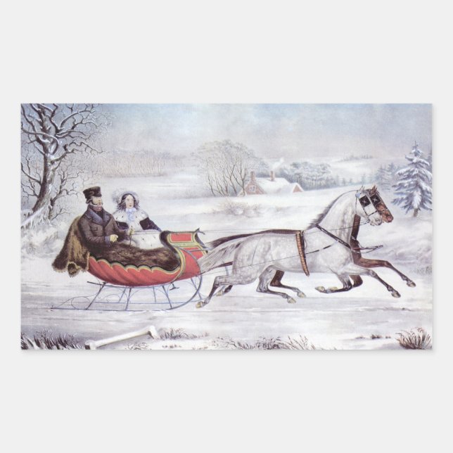 Pegatina Rectangular Navidad Vintage, Invierno Camino, Caballo Sleigh (Anverso)
