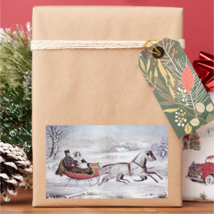 Pegatina Rectangular Navidad Vintage, Invierno Camino, Caballo Sleigh