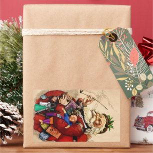 Pegatina Rectangular Navidad Vintage, juguetes de pipa de Santa Claus v