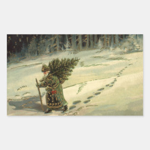 Pegatina Rectangular Navidad vintage, Papá Noel cargando un árbol