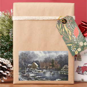 Pegatina Rectangular Navidad Vintage, Patinadores de Invierno Temprano 