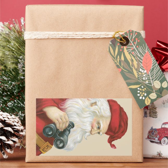 Pegatina Rectangular Navidad Vintage, Santa Claus con Prismáticos (Vacaciones)