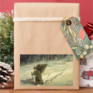 Pegatina Rectangular Navidad Vintage, Santa Claus llevando un árbol