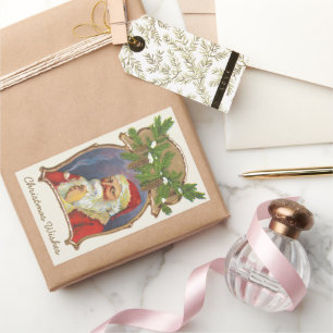 Pegatina Rectangular Navidad Vintage, Santa Claus Victoriano con pipa
