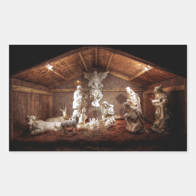 Pegatina Rectangular Navidades Adoran Escena De Jesús Natividad Manger (Anverso)