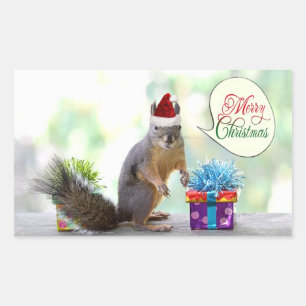 Pegatina Rectangular Navidades ardilla con regalos de Navidad