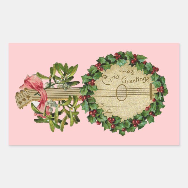 PEGATINA RECTANGULAR NAVIDADES BANJO CON MISTLETAS Y BERRÍAS SANTAS (Anverso)