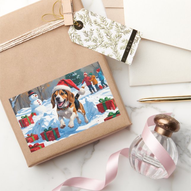 Pegatina Rectangular Navidades Beagle en escena de nieve festiva (Regalar)