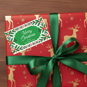 Pegatina Rectangular Navidades clásicos Holly Berries y Pine Wreath