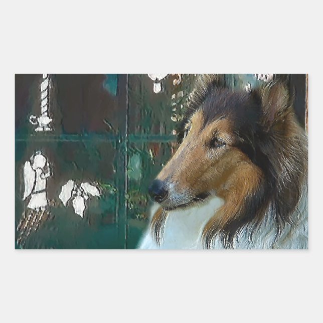 Pegatina Rectangular Navidades Collie en la ventana (Anverso)