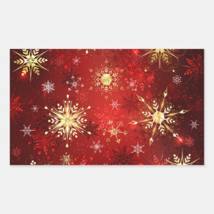 Pegatina Rectangular Navidades Copos de nieve dorados con fondo rojo