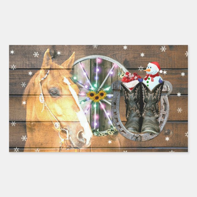 Pegatina Rectangular Navidades Cowboy Boots Horse Wagon (Anverso)
