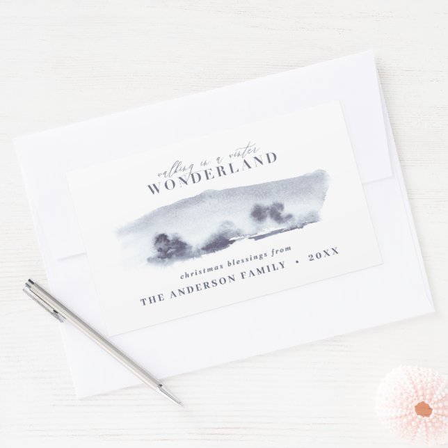 Pegatina Rectangular Navidades de acuarela azul mínimo de vacaciones (Sobre)