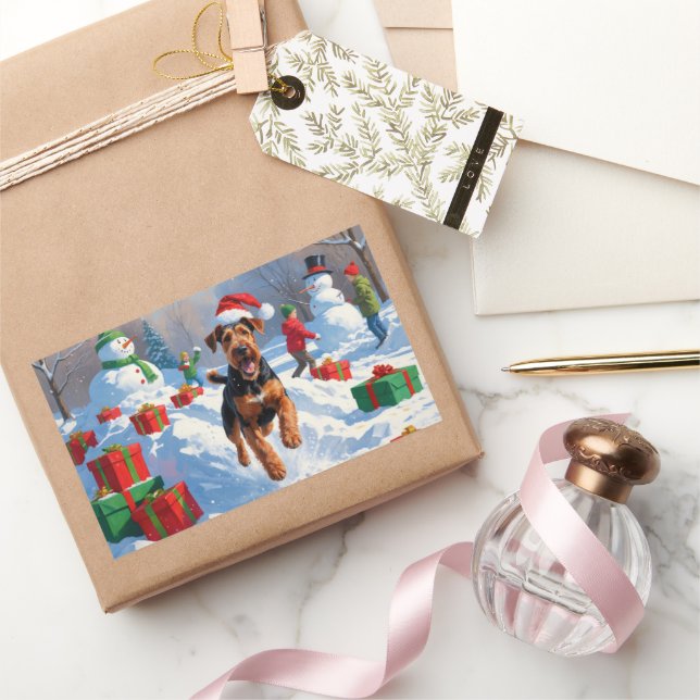 Pegatina Rectangular Navidades de Airedale celebran escena de nieve (Regalar)