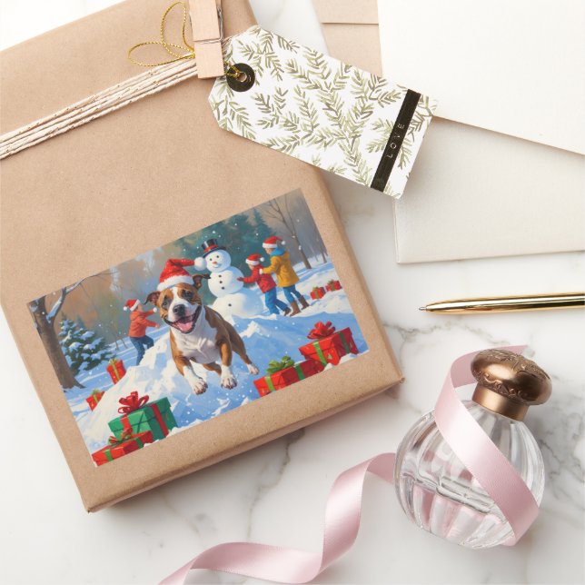 Pegatina Rectangular Navidades de Bull Terrier celebran escena de nieve (Regalar)