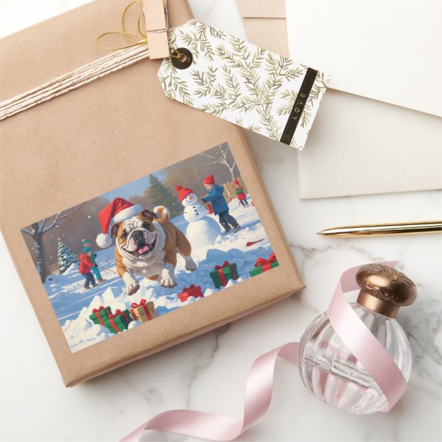 Pegatina Rectangular Navidades de bulldog celebran escena de nieve (Regalar)