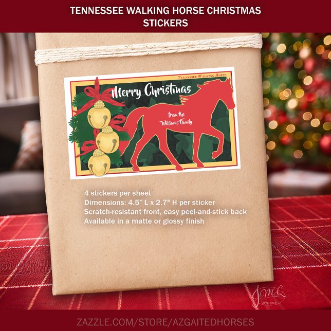Pegatina Rectangular Navidades de caballos de la Red Tennessee Walker J (Red Tennessee Walker Horse Christmas Jingle Bells Rectangular Sticker)