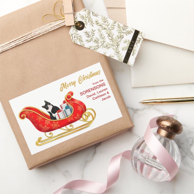 Pegatina Rectangular Navidades de gato blanco negro regalan Sleigh (Regalar)