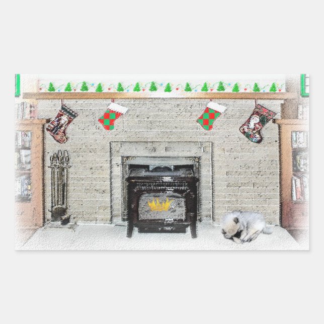 Pegatina Rectangular Navidades de Keeshond picotean perro con pintura d (Anverso)