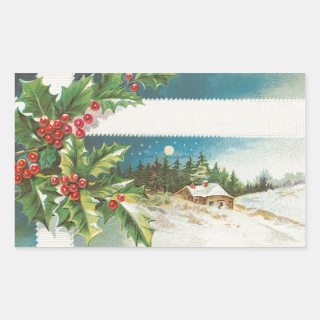 Pegatina Rectangular Navidades de la escena Holly Snow Winter (Anverso)