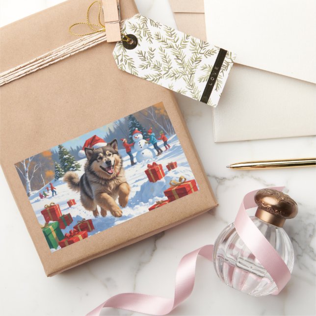 Pegatina Rectangular Navidades de Malamute de Alaska celebran escena de (Regalar)