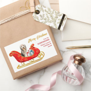 Pegatina Rectangular Navidades de Perro Collie con barba Sleigh