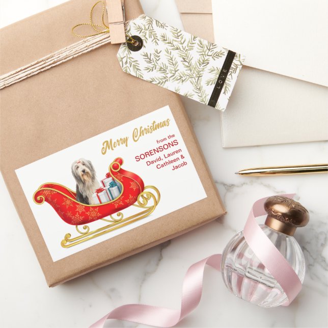 Pegatina Rectangular Navidades de Perro Collie con barba Sleigh (Regalar)