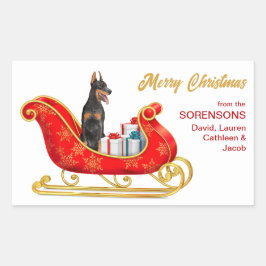 Pegatina Rectangular Navidades de perro de Doberman Pinscher Sleigh