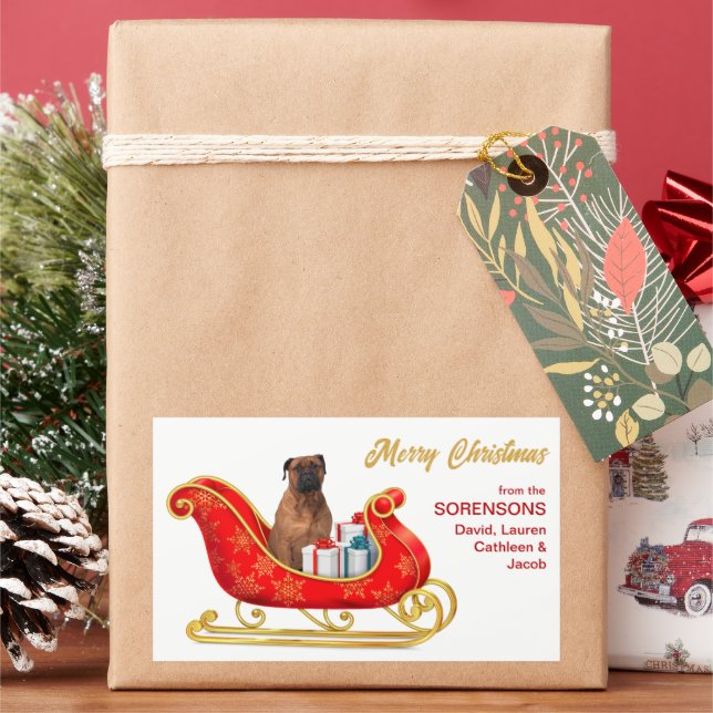 Pegatina Rectangular Navidades de perros Bullmastiff Sleigh (Vacaciones)