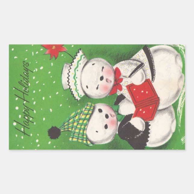 Pegatina Rectangular Navidades de Retro Snowman (Anverso)