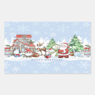 Pegatina Rectangular Navidades de Santa Snowman Rudolph Penguin