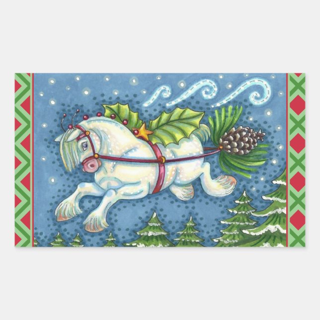 PEGATINA RECTANGULAR NAVIDADES DE VUELO CUTO PONY TOMANDO PINECONE SLEI (Anverso)