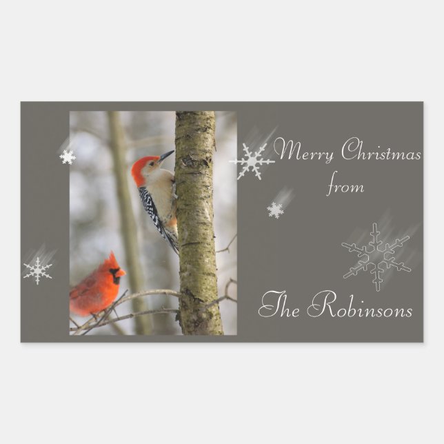 Pegatina Rectangular Navidades del Cardenal Woodpecker Snow Flake (Anverso)