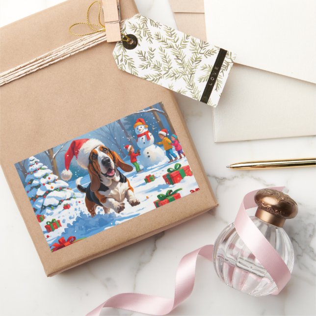 Pegatina Rectangular Navidades del Hound Basset Festive Escena de Nieve (Regalar)