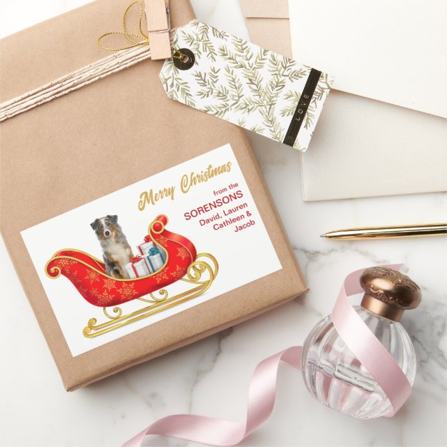 Pegatina Rectangular Navidades del Pastor Australiano Blue Merle Sleigh (Regalar)